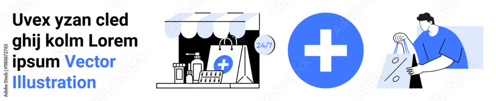 Online store with healthcare products, delivery package with medical cross, and a person receiving a package. Ideal for e-commerce, healthcare, delivery services, online shopping, customer service Online store with healthcare products, delivery package with medical cross, and a person receiving a package. Ideal for e-commerce, healthcare, delivery services, online shopping, customer service