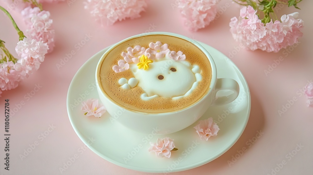 Exquisite Latte Art Coffee with a Cake and Delicate Flowers. Aesthetic and Appetizing Breakfast or Coffee Break Scene. Exquisite Latte Art Coffee with a Cake and Delicate Flowers. Aesthetic and Appetizing Breakfast or Coffee Break Scene.