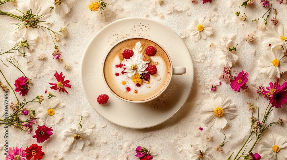 Exquisite Latte Art Coffee with a Cake and Delicate Flowers. Aesthetic and Appetizing Breakfast or Coffee Break Scene. Exquisite Latte Art Coffee with a Cake and Delicate Flowers. Aesthetic and Appetizing Breakfast or Coffee Break Scene.