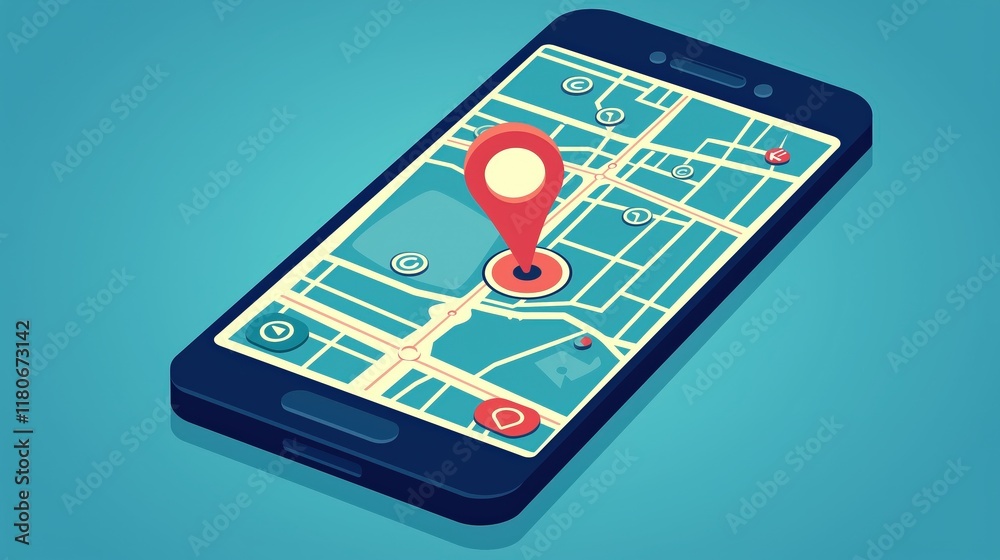 Mobile Navigation App Showing Location Pin on City Map Mobile Navigation App Showing Location Pin on City Map