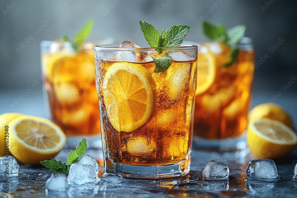 Fototapeta premium Iced tea with lemon and mint in glass. Perfect for summer refreshment, menus, or blogs.