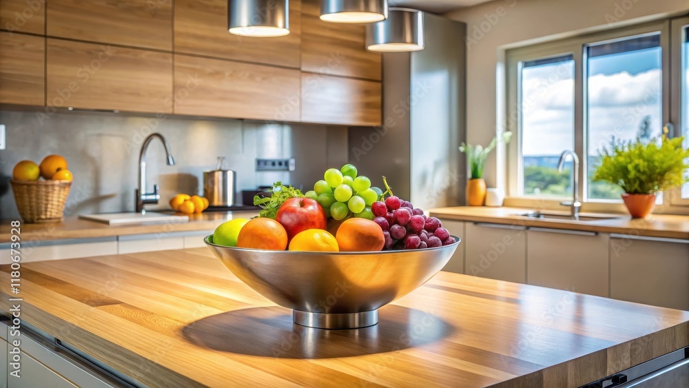 Modern Kitchen Island with a Polished Metal Fruit Bowl Filled with Fresh Produce Modern Kitchen Island with a Polished Metal Fruit Bowl Filled with Fresh Produce