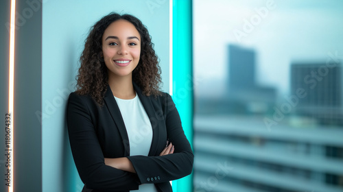 Confident Businesswoman: A portrait of a successful and confident businesswoman with a warm smile, arms crossed, exuding professionalism and leadership. Free Download Confident Businesswoman: A portrait of a successful and confident businesswoman with a warm smile, arms crossed, exuding professionalism and leadership. - GFXLoad
