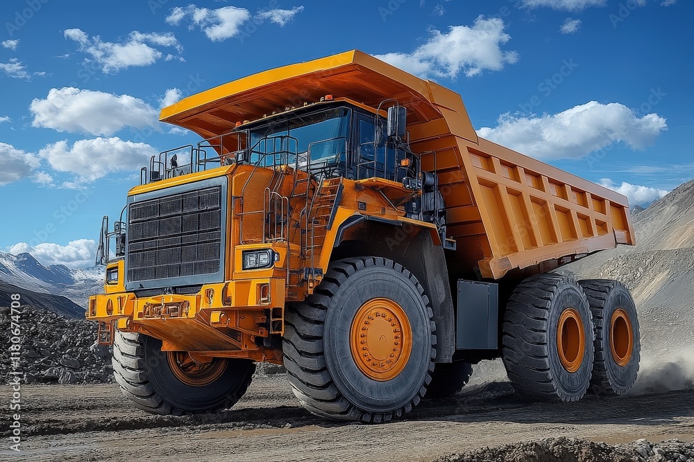 Large orange mining dump truck on dirt road. Large orange mining dump truck on dirt road.