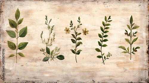 Fototapeta Naklejka Na Ścianę i Meble -  Weathered botanical print featuring various herbs and spices on textured background. This artwork showcases beauty of nature