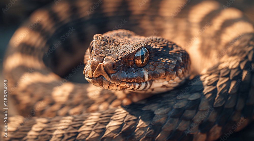 Fototapeta premium Close-up of a coiled viper snake, showing its detailed scales and intense gaze.