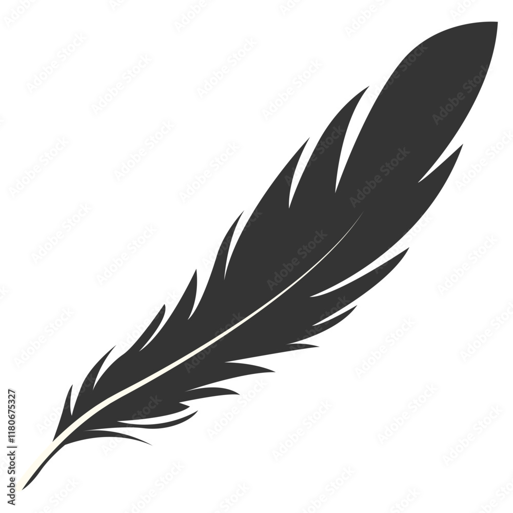 Fototapeta premium Black Silhouette of Majestic Feather. Isolated on White Background. Vector Illustration