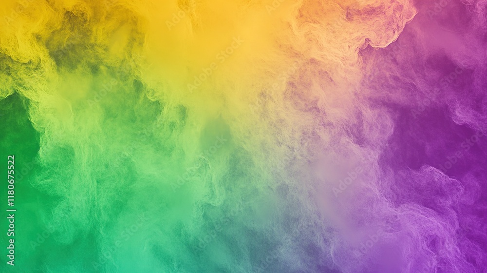 Fototapeta premium Magical Rainbow Sky with Fluffy Clouds and Abstract Purple-Green-Yellow Background.