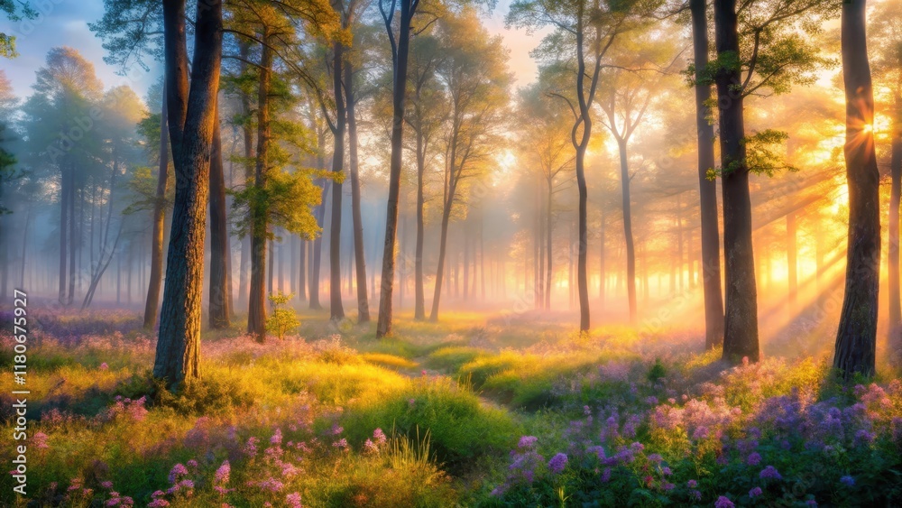 Golden Sunrise Illuminates a Misty Forest Path, Bathing Wildflowers in Warm Light Golden Sunrise Illuminates a Misty Forest Path, Bathing Wildflowers in Warm Light