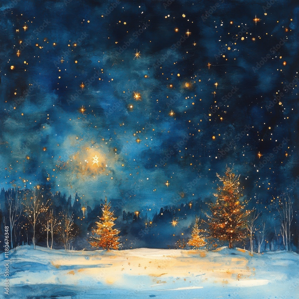Magical Winter Night with Starry Sky and Snowy Trees
