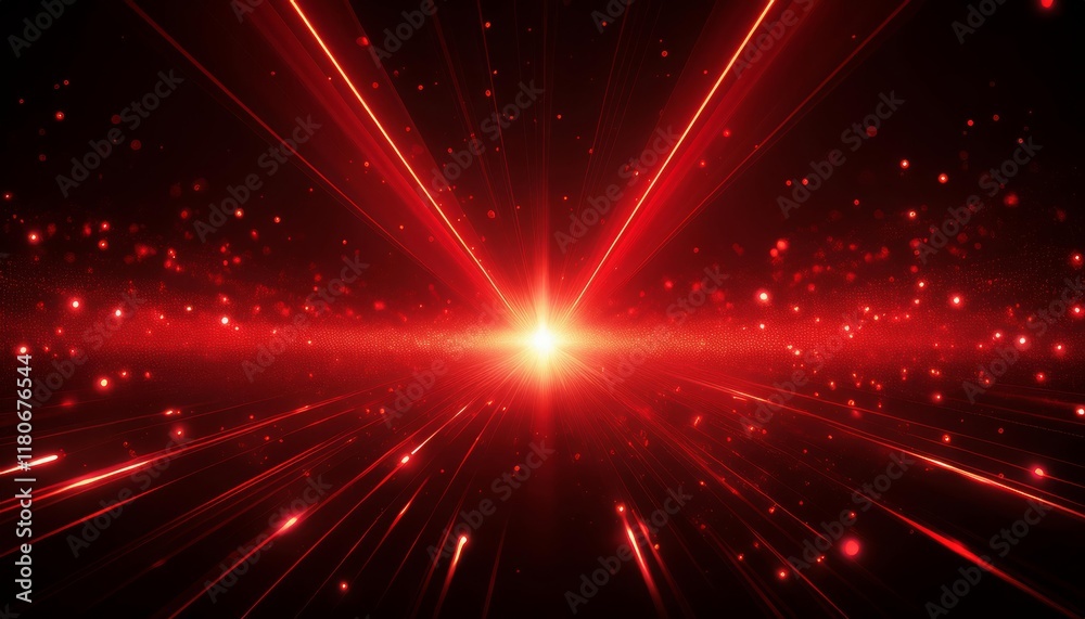 Fototapeta premium Bright red light effect with rays and highlights, glow particle, black background