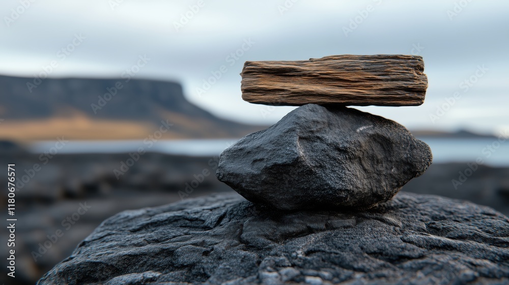 Fototapeta premium Stacked driftwood and rock on a rocky seashore with a blurred mountain backdrop