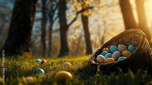 A scenic Easter egg hunt with baskets and eggs hidden among the trees