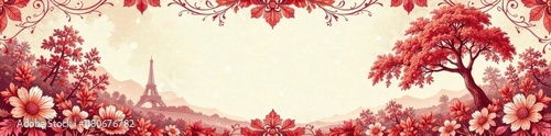 Intricate red floral toile, scenic French vintage design , flowers, damask