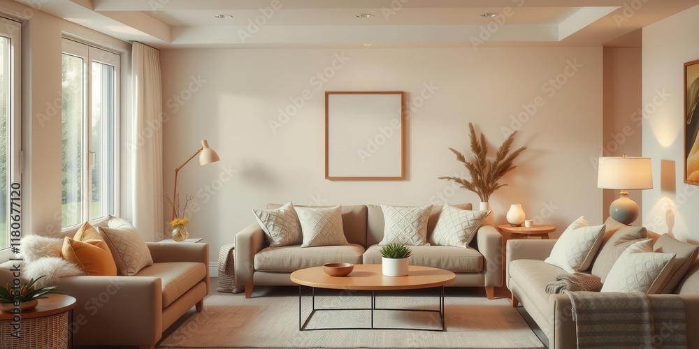 Fototapeta premium Warm and inviting cozy living room with soft neutral tones, plush throw pillows, and warm lighting, decor, cozy