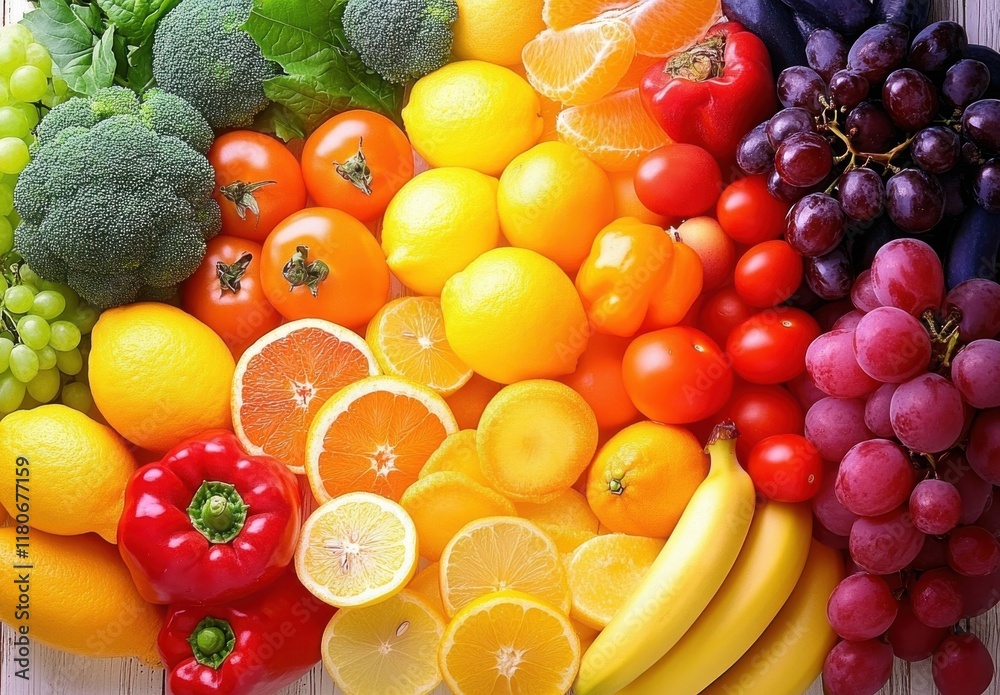 Vibrant Assortment of Fresh Fruits and Vegetables Arranged Beautifully on a Wooden Surface, Showcasing a Rainbow of Colors and Natural Goodness for Healthy Living Vibrant Assortment of Fresh Fruits and Vegetables Arranged Beautifully on a Wooden Surface, Showcasing a Rainbow of Colors and Natural Goodness for Healthy Living