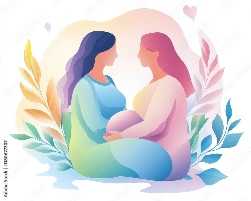 Two women are sitting on a bed with a baby in between them Two women are sitting on a bed with a baby in between them