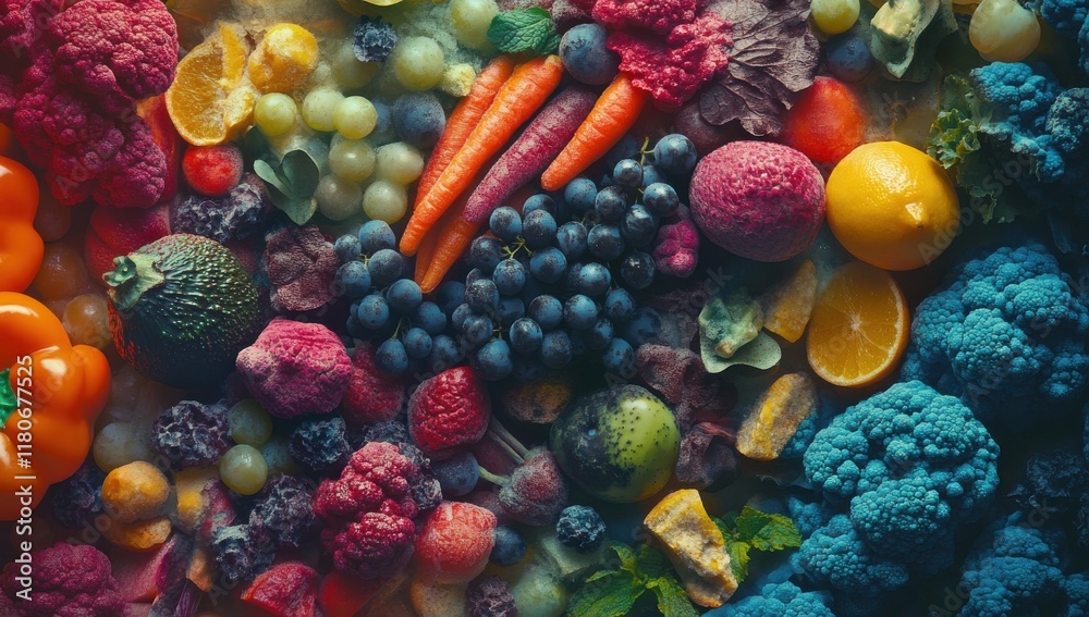 Fototapeta premium Vibrant Assortment of Fresh Fruits and Vegetables Displayed in a Colorful Arrangement Showcasing a Variety of Textures and Natural Beauty for Healthy Living Inspiration