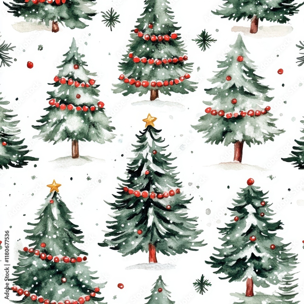 Fototapeta premium Festive Christmas Tree Watercolor Pattern Design