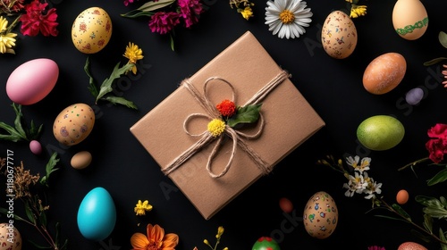 A top view of a festive Easter gift box surrounded by colorful eggs and flowers