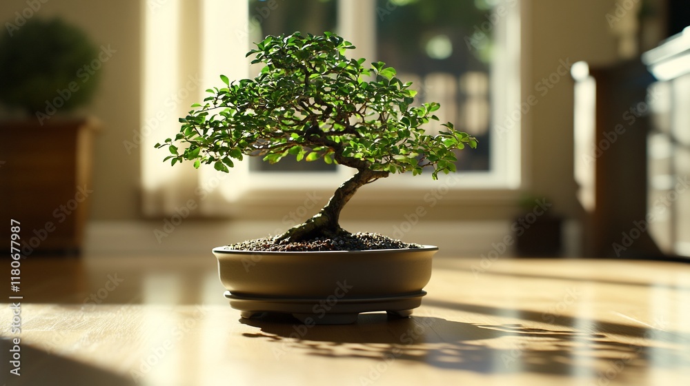 Sunlit bonsai tree in a gray pot on a wooden floor. Sunlit bonsai tree in a gray pot on a wooden floor.