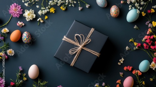A top view of a festive Easter gift box surrounded by colorful eggs and flowers