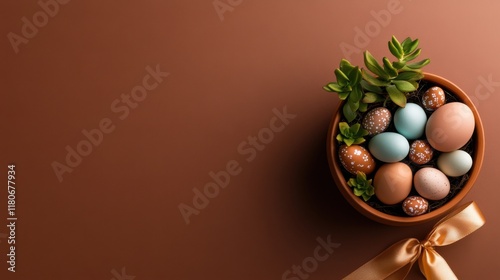 A top view of a small potted plant decorated with mini Easter eggs and ribbons