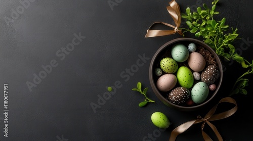 A top view of a small potted plant decorated with mini Easter eggs and ribbons
