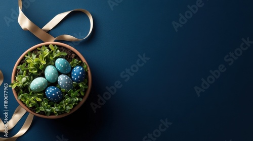 A top view of a small potted plant decorated with mini Easter eggs and ribbons