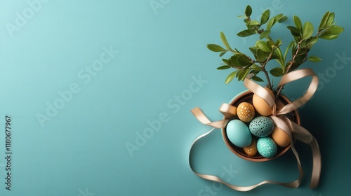 A top view of a small potted plant decorated with mini Easter eggs and ribbons