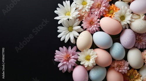 A top view of a spring-themed Easter centerpiece with flowers and pastel eggs