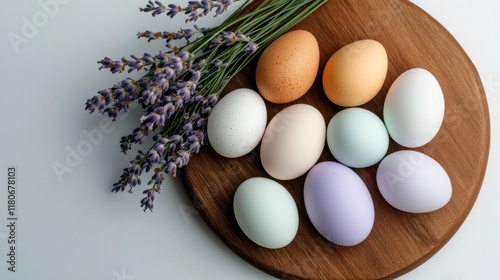 A top view of a wooden platter with colorful eggs and sprigs of lavender