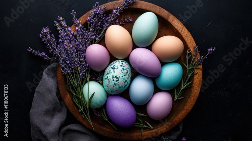 A top view of a wooden platter with colorful eggs and sprigs of lavender