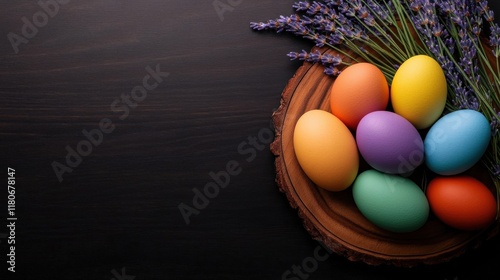 A top view of a wooden platter with colorful eggs and sprigs of lavender