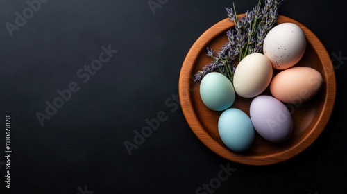 A top view of a wooden platter with colorful eggs and sprigs of lavender