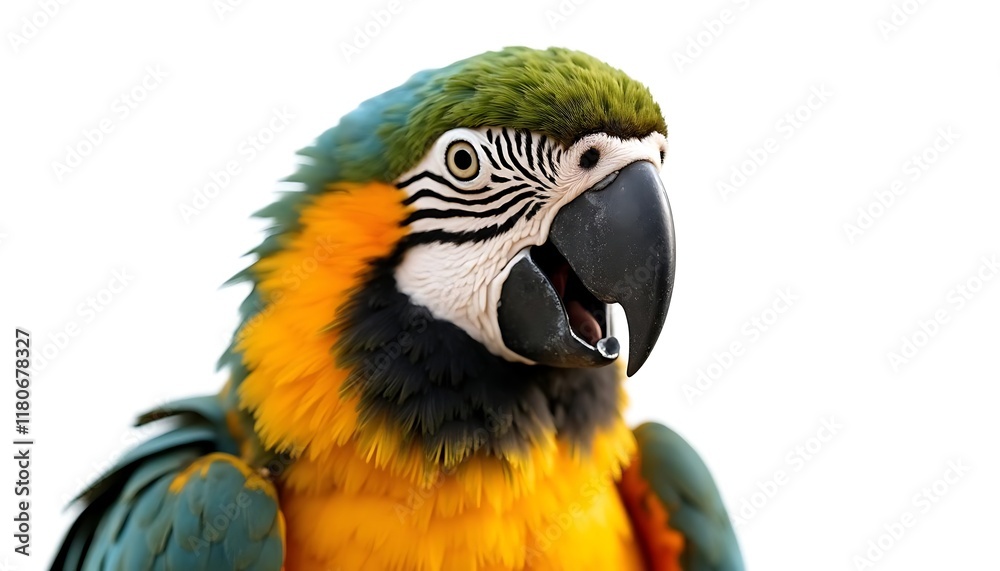 Vibrant Blue-and-yellow Macaw Portrait Against White Background Vibrant Blue-and-yellow Macaw Portrait Against White Background