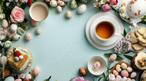 A top view of an Easter-themed tea party with cakes, cookies, and floral tea cups
