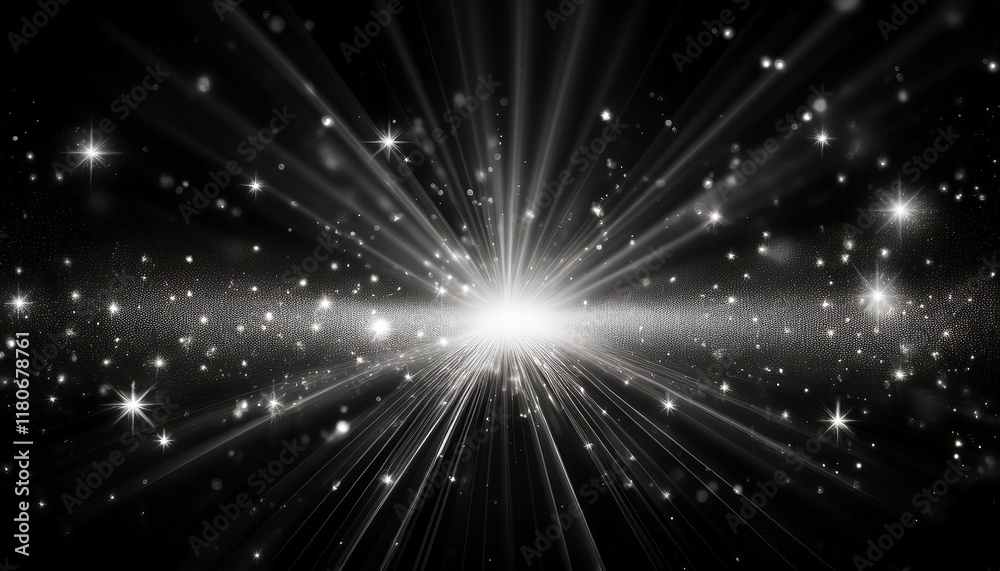 Fototapeta premium Bright white light effect with rays and highlights, glow particle, black background