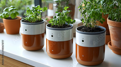 Modern, self-watering herb pots on a windowsill, vibrant plants growing. photo