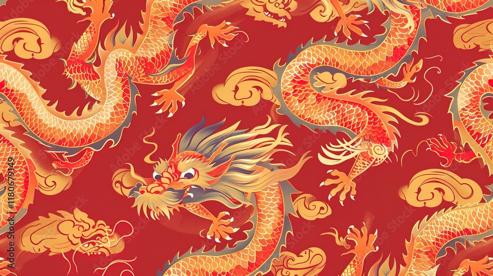 Obraz premium Chinese dragon seamless pattern wallpaper