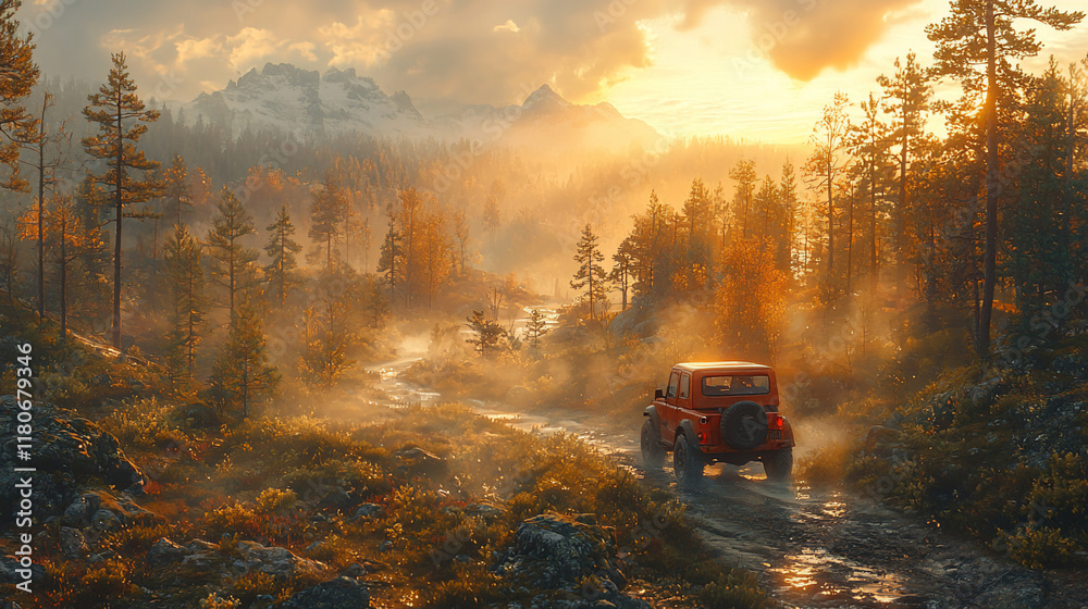 Fototapeta premium Misty mountain road with off-road vehicle at sunset.