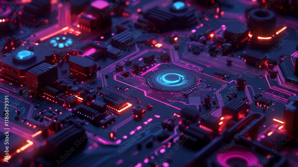 Close-up of a futuristic circuit board with glowing neon components. Close-up of a futuristic circuit board with glowing neon components.