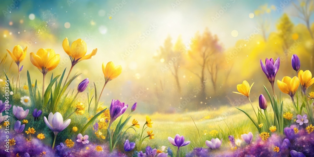Fototapeta premium A vibrant springtime meadow scene featuring a profusion of yellow and purple crocuses bathed in the warm glow of the morning sun. The idyllic landscape is filled with wildflowers and soft light.