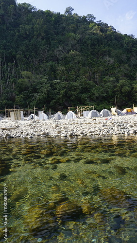 Beautiful camping tents for tourists in Dawki or Umngot River, located at Meghalaya