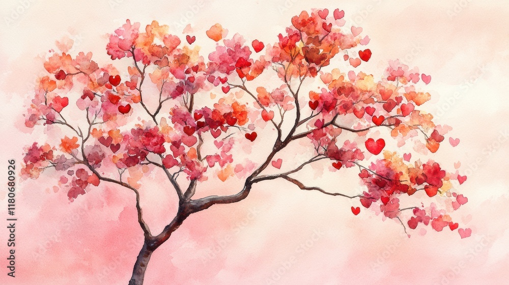 Fototapeta premium Soft Brown Painted Tree with Branches and Colorful Heart Leaves