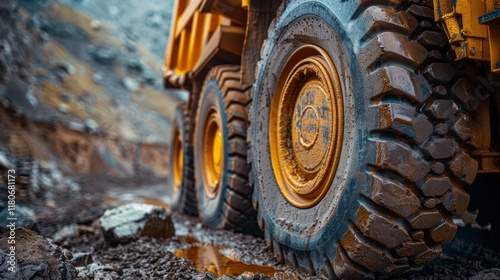 A close-up view gigantic mining haul truck, construction site with motion visible on tires