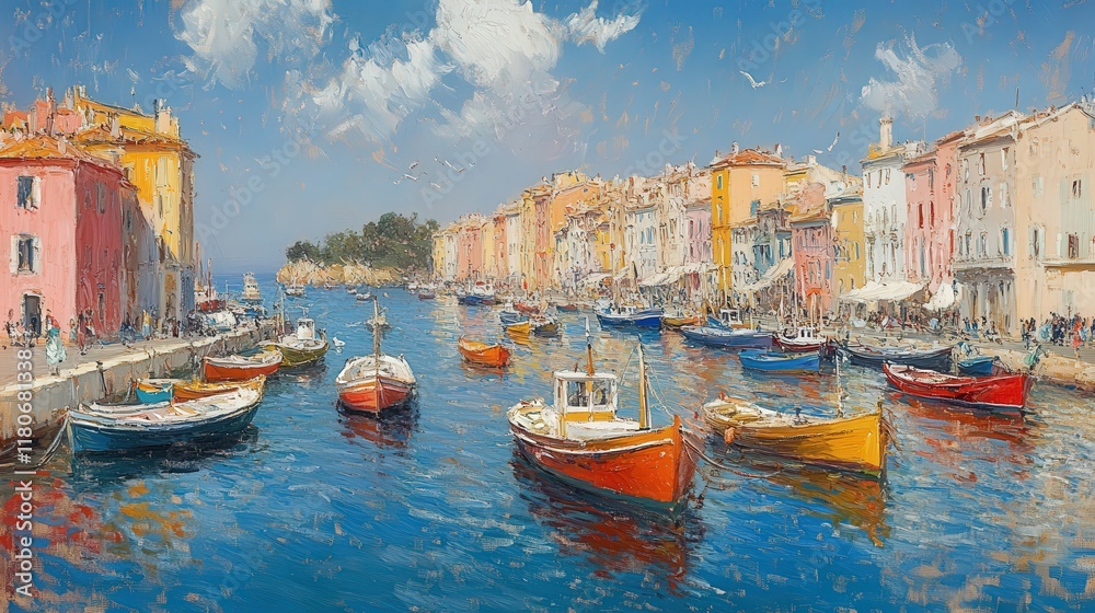 Obraz premium Colorful harbor town, boats moored, sunny day.