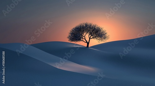 Solitary tree on snow-covered hills at sunset.