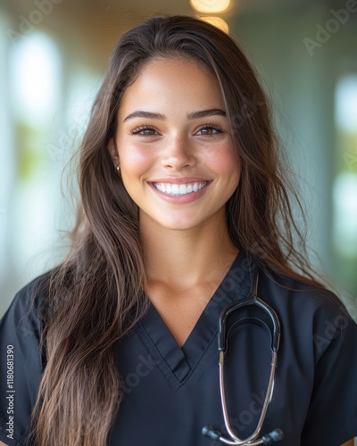 A woman with long hair is smiling and wearing a black scrubs