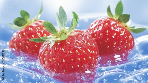 Three red strawberries floating in a blue body of water photo